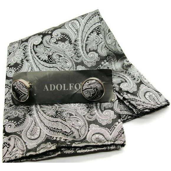 Adolfo Cufflinks Handkerchief Set Silver Tone Black Paisleys No Box - Picture 1 of 5